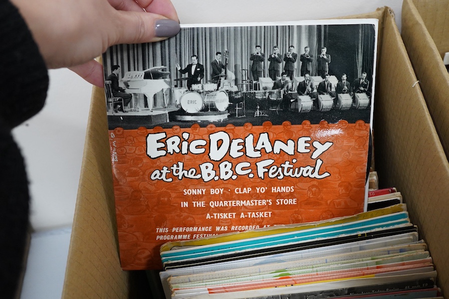 Four boxes of 7 inch singles, record labels include; Columbia, Parlophone, RCA, London, Brunswick, HMV, etc., artists include; Hank Williams, Ray Charles, the righteous brothers, Bill Haley and His Comets, Chuck Berry, A